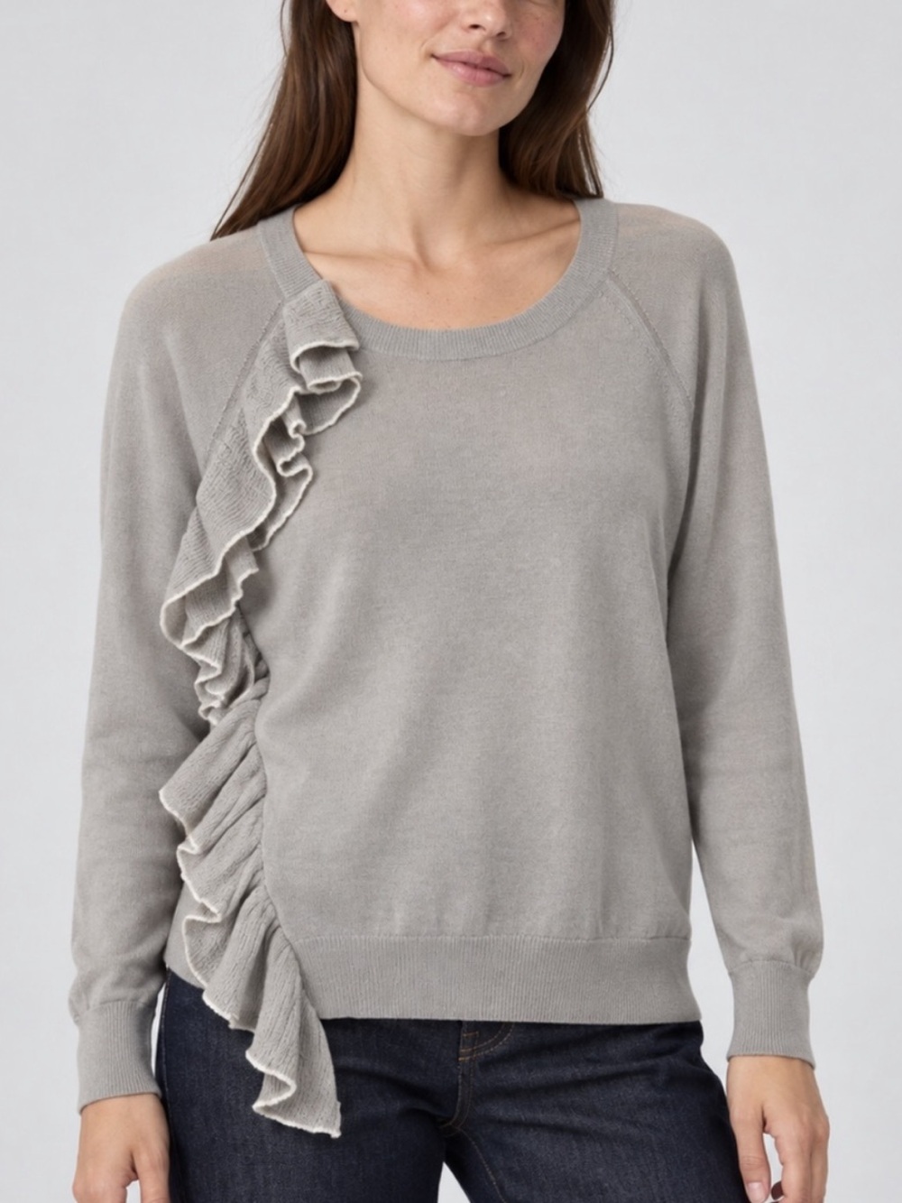 White + Warren Gray Cascading Ruffle Scoop Neck Sweater
